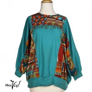 Vintage Silver Threads Pullover Top Turquoise w Beading Plus Size XL - Hey Viv